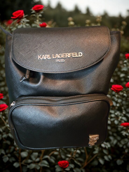 Karl Lagerfeld Handbags - Karl Lagerfeld Black Saffiano Backpack - Logo Front